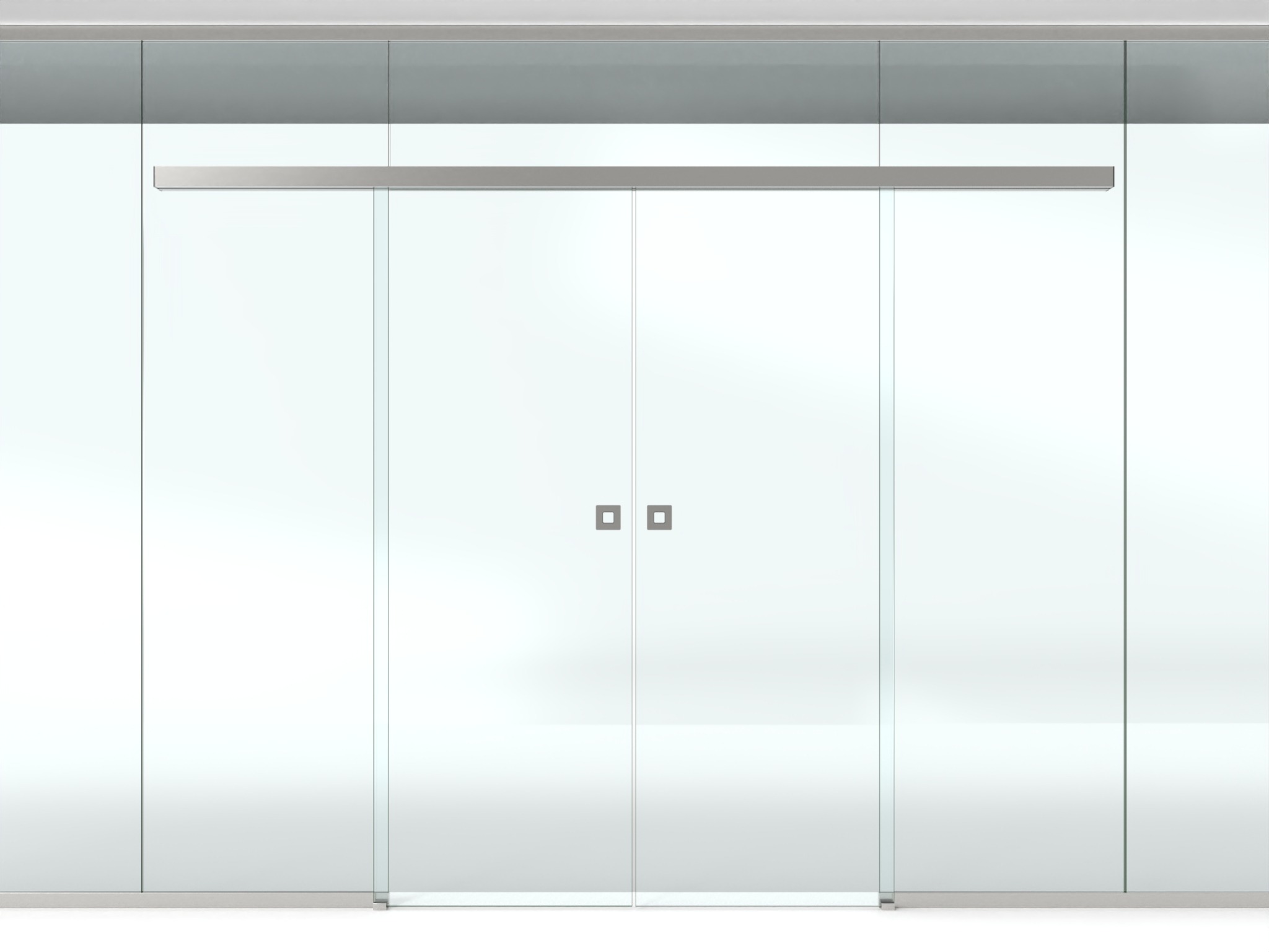2‑dörrblad glas/väggmontage st/ol/st l=2985 mm, utan sidostopp, anodiserad med rostfritt utseende