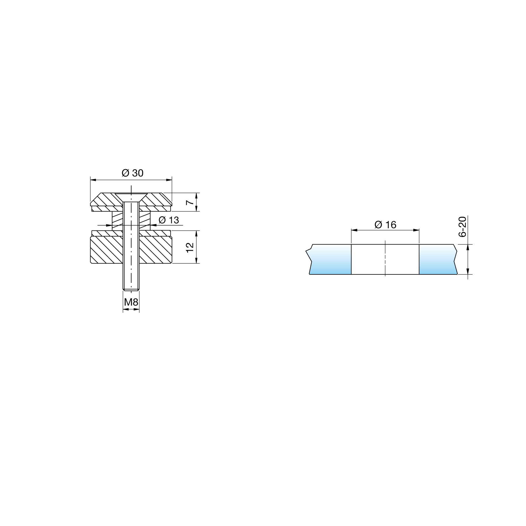 Punktfäste Ø30 mm, rostfritt stål 304, för 6–20 mm glas, med skruv M8×45 mm + 8×50 mm