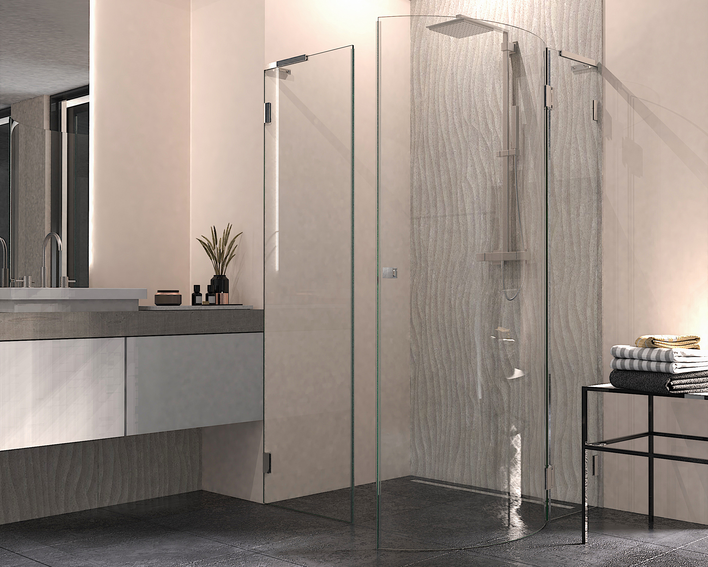Stabiliserings‑vinkelbeslag glas–vägg 90°