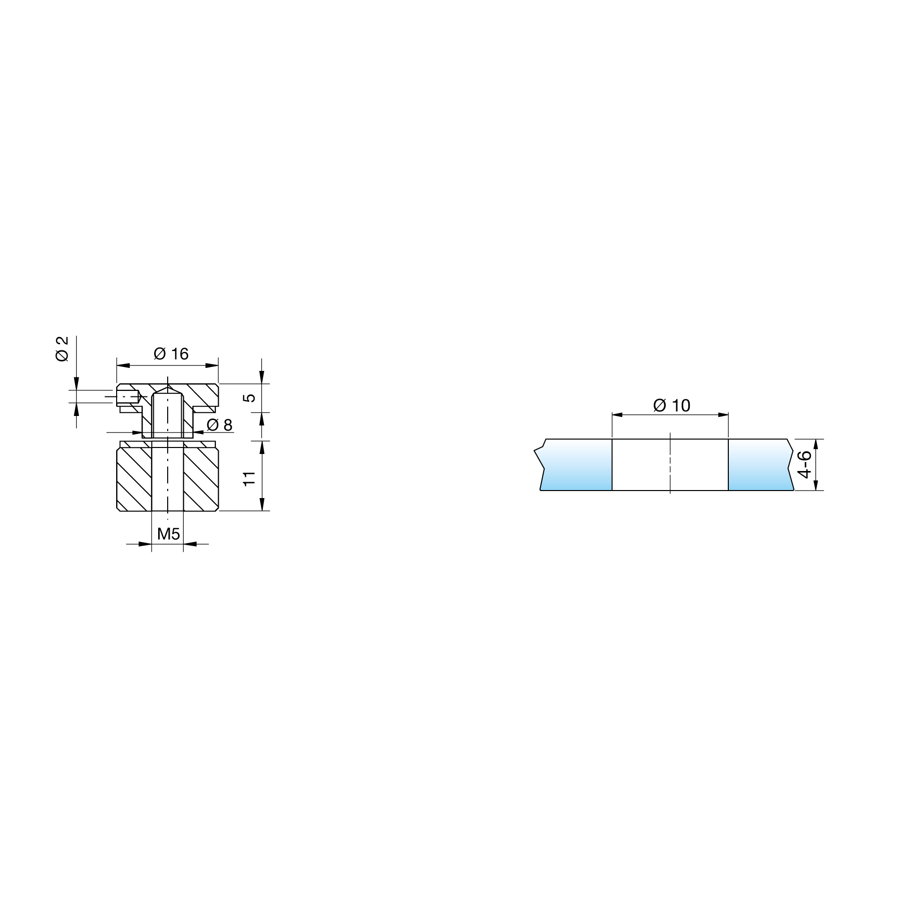 Punktfäste Ø16 mm, höjt huvud, rostfritt stål 304, för 4–6 mm glas, 5×40 träskruv